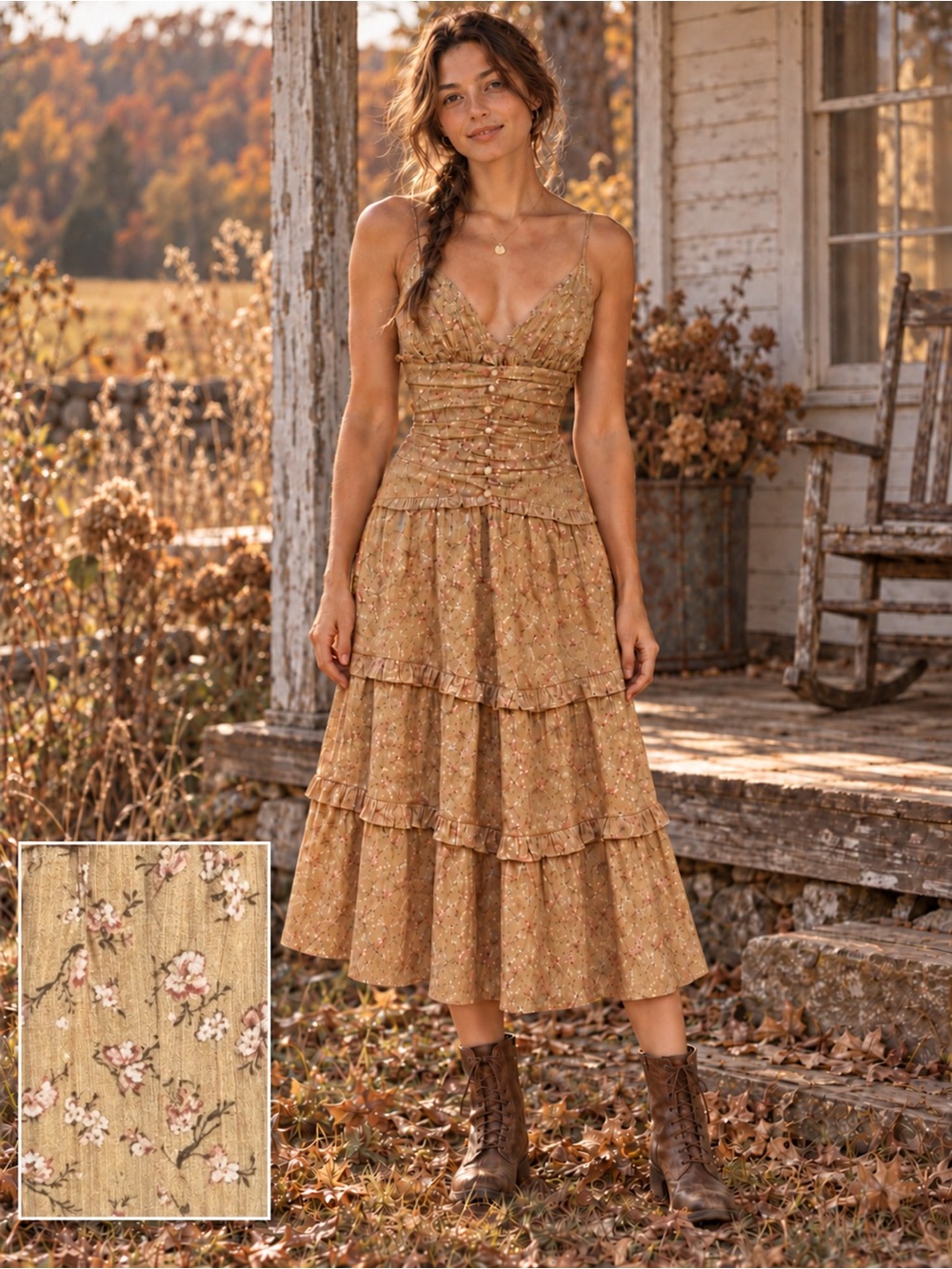 NWT Storia Floral Ruched Midi Dress Size S Tan Pink Tiered Prairie Boho